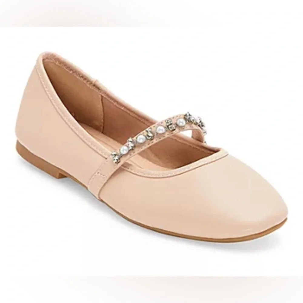 POP by EBL Women's 11 Mary Jane Flats Blush Pink Pearl Rhinestone Vitalize‎ NEW